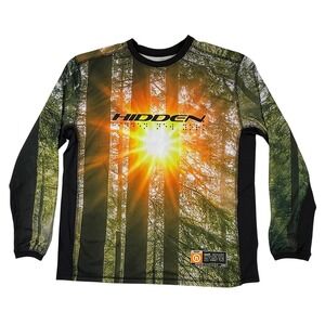 Hidden NY Forest Sunburst Graphic Long Sleeve Mesh Jersey Mens XXL Green Black